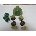 Chinese hardstone buddha, 4 jade birds (some faults) + malachite lion