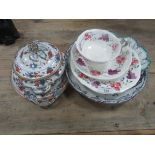 Ironside sauce tureen and stand, floral painted trio + 3 various plates