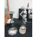 Metal candle stick + metal figure on marble base