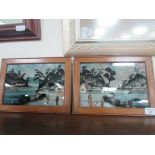 Pair Oriental painting + collages on glass