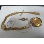 Gold marked 14ct ladies fob watch (glass broken) + yellow metal fob chain