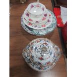 Ironside sauce tureen + stand, floral painted trio + 3 various plates