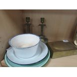 Brass candle sticks / brass box / enamel plates + enamel bowl