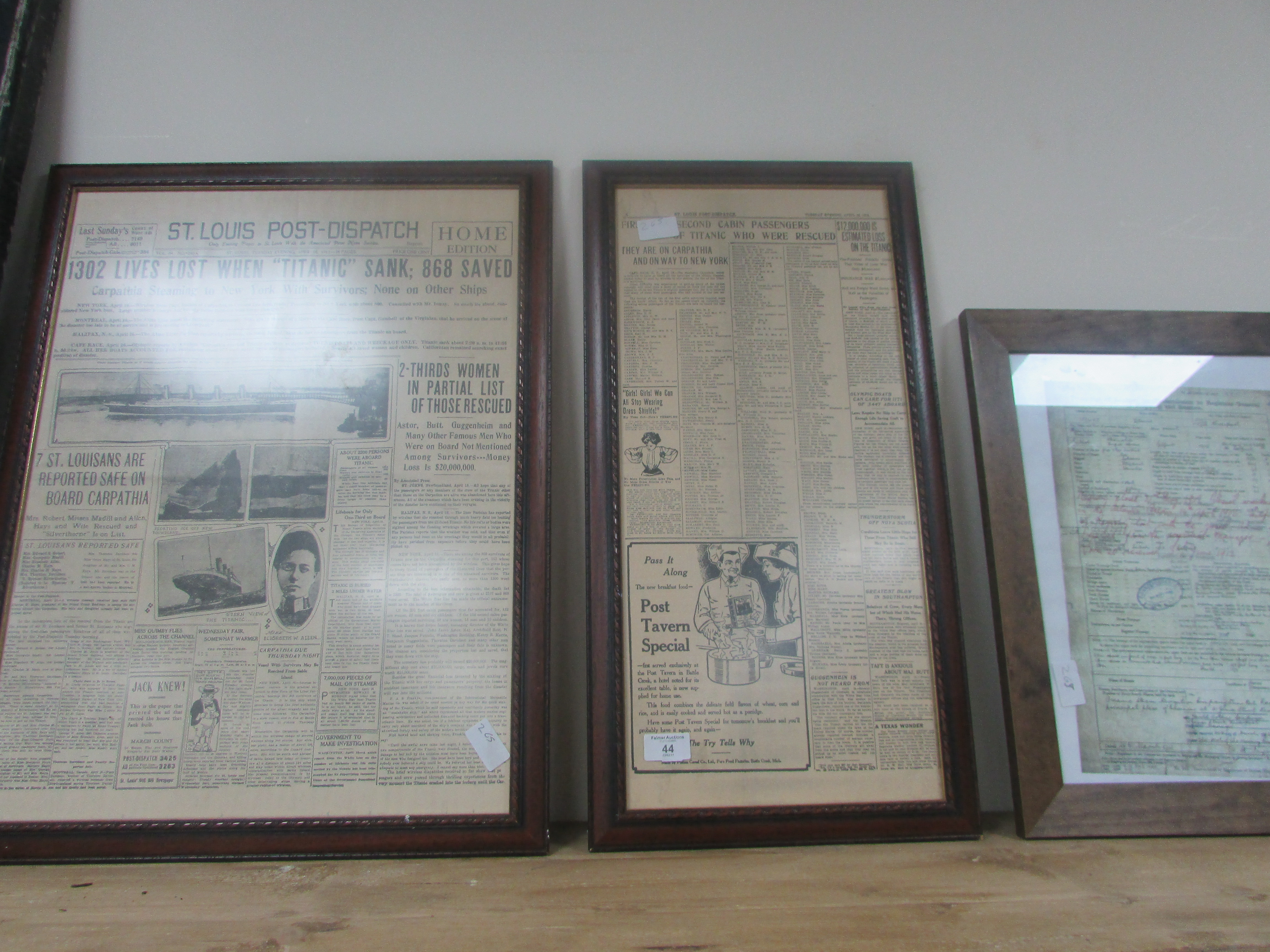 x 3 framed Titanic newspaper articles