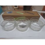 3 matching Egizia glass bowls inlaid with silver, new in box.