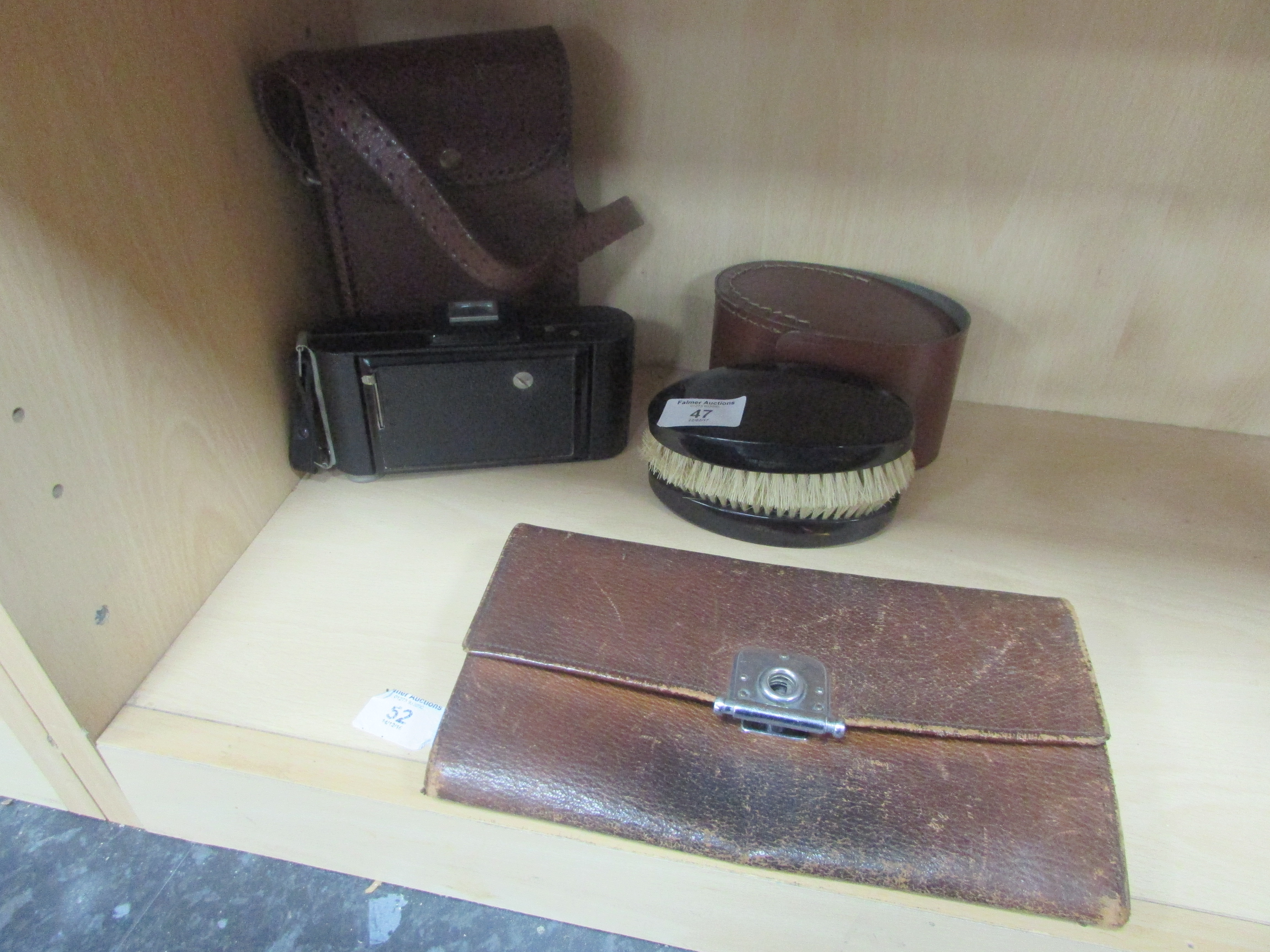 Brush set in leather case / old camera in leather case and leather wallet