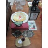 2 period Paris ashtrays / Campari dish / leather napkin rings / blackjack clock / candle stick + 2
