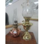 2 x brass and copper oil lamps