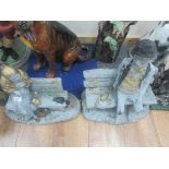 2 stone statues Lady + Man on Benches approx 16" high