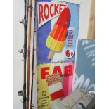 Seaside pair metal signs 'Fab' and 'Rocket' approx 16" x 12"