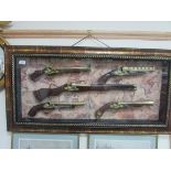 2 Blunderbusts / 1 rifle + 2 flintlock pistols in glass display case