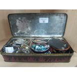 Tin box containing costume jewellery
