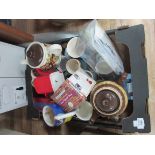 Box of miscellaneous tea pots and mugs