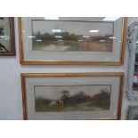 Tom Kinsley pair framed water colour drawings farmyard scenes signed. 27" x 9.5"