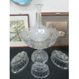 Glass dish, 3 glass jelly moulds + vase