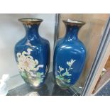Pair 19thC Japanese blue ground cloissone vases 12" high (one small chip)