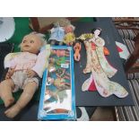 4 vintage dolls, boxed dolls + Geisha girl wall hanging