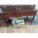 Inlaid 2 drawer table on wheels