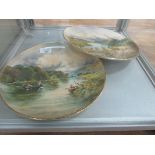 Pair of Victorian wall plates painted river scenes