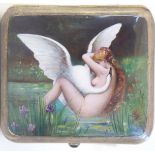 Leda & the Swan An alpacca cigarette case externally enamel painted with an image of Leda & the swan