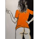 Frank Malerba (Australian b. 1950 -) Up Yours, Nude in Orange T Shirt, Acrylic and charcoal on