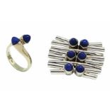 Schmuckset mit Lapis Lazuli um 1980 750-er Weißgold, ca. 26,5 g. Brosch-Anhänger und Ring mit