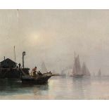 Pierre Perot 1851-? Fischerhafen mit Segelbooten bei Dämmerung. Öl auf Leinwand, minimaler