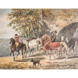 Johann Conrad Gessner 1764 - 1826 Reiter mit Pferden wohl auf dem Weg zur Schwemme. Aquarell/Gouache