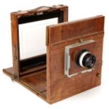 An Unmarked Continental Whole Plate Mahogany Tailbaord Camera,