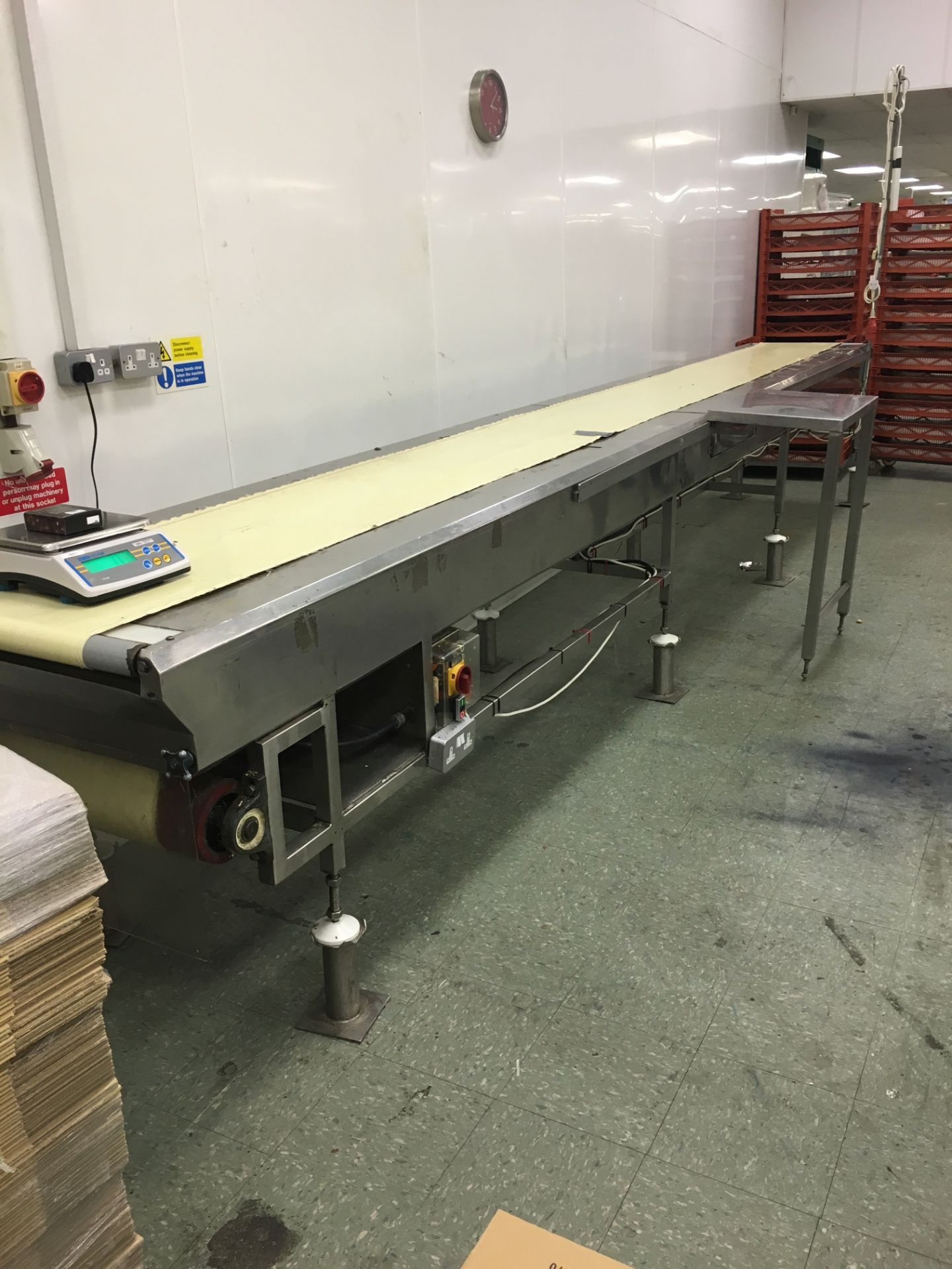 S/s Conveyor. Approx. 77cm wide, belt 48-65cm 73 high + 20cm stilts 5.8m long. LIFT OUT £25