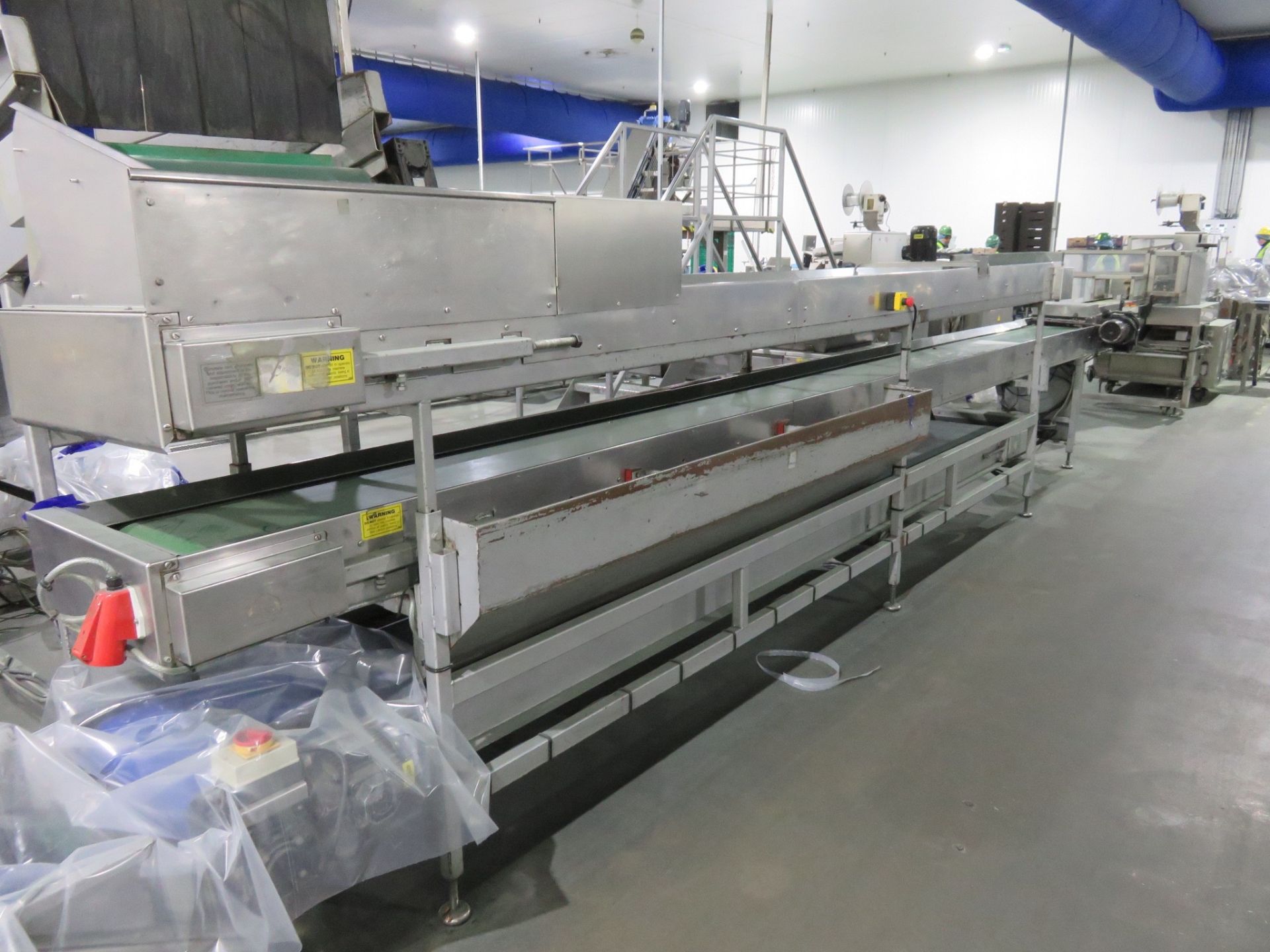 3 Tier sorting conveyor, top & bottom tier 4 mfr long, middle tier 6 mfr long with PEC flow control