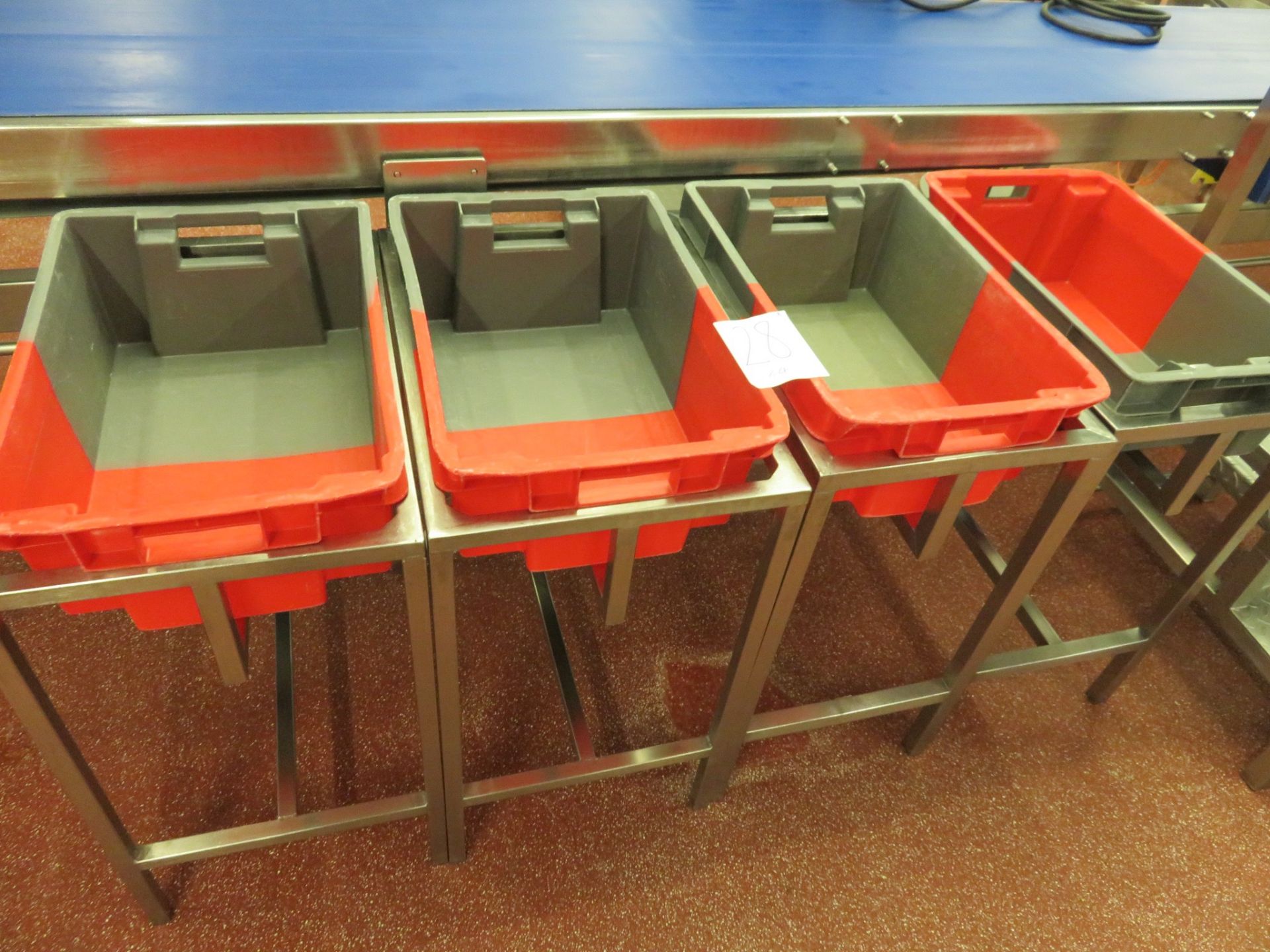 4 x S/s floor standing product tray holders 630 x 430mm with trays. Lift Out £7