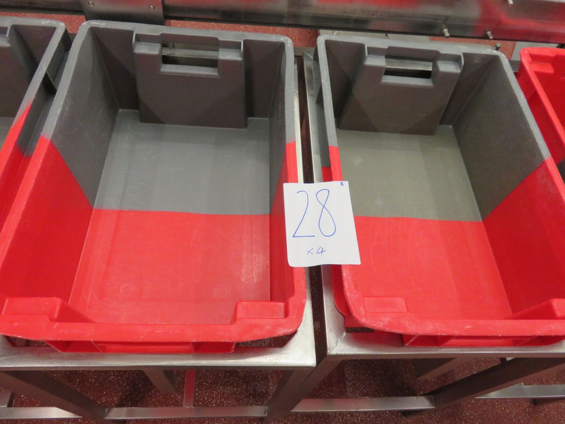 4 x S/s floor standing product tray holders 630 x 430mm with trays. Lift Out £7 - Image 2 of 2