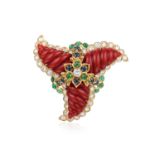 Kutchinsky Coral, Diamond, Sapphire, and Emerald Pinwheel Pendant/Brooch