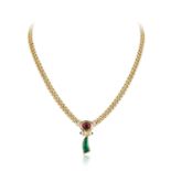 Bulgari Emerald, Ruby, and Diamond Pendant Necklace