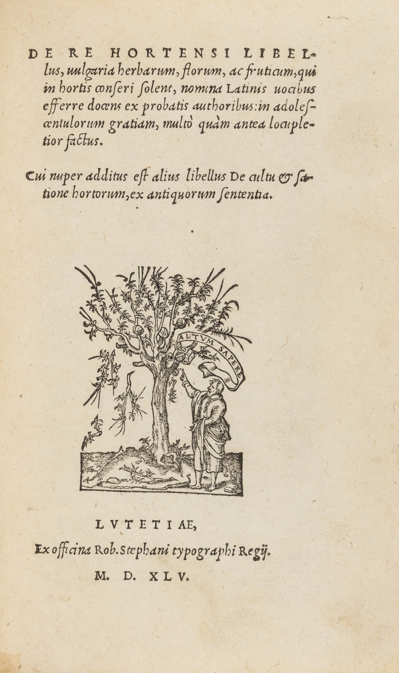 Childrens botanical book.- Estienne (Charles) De re hortensi libellus, Paris, Robert Estienne, 1545.