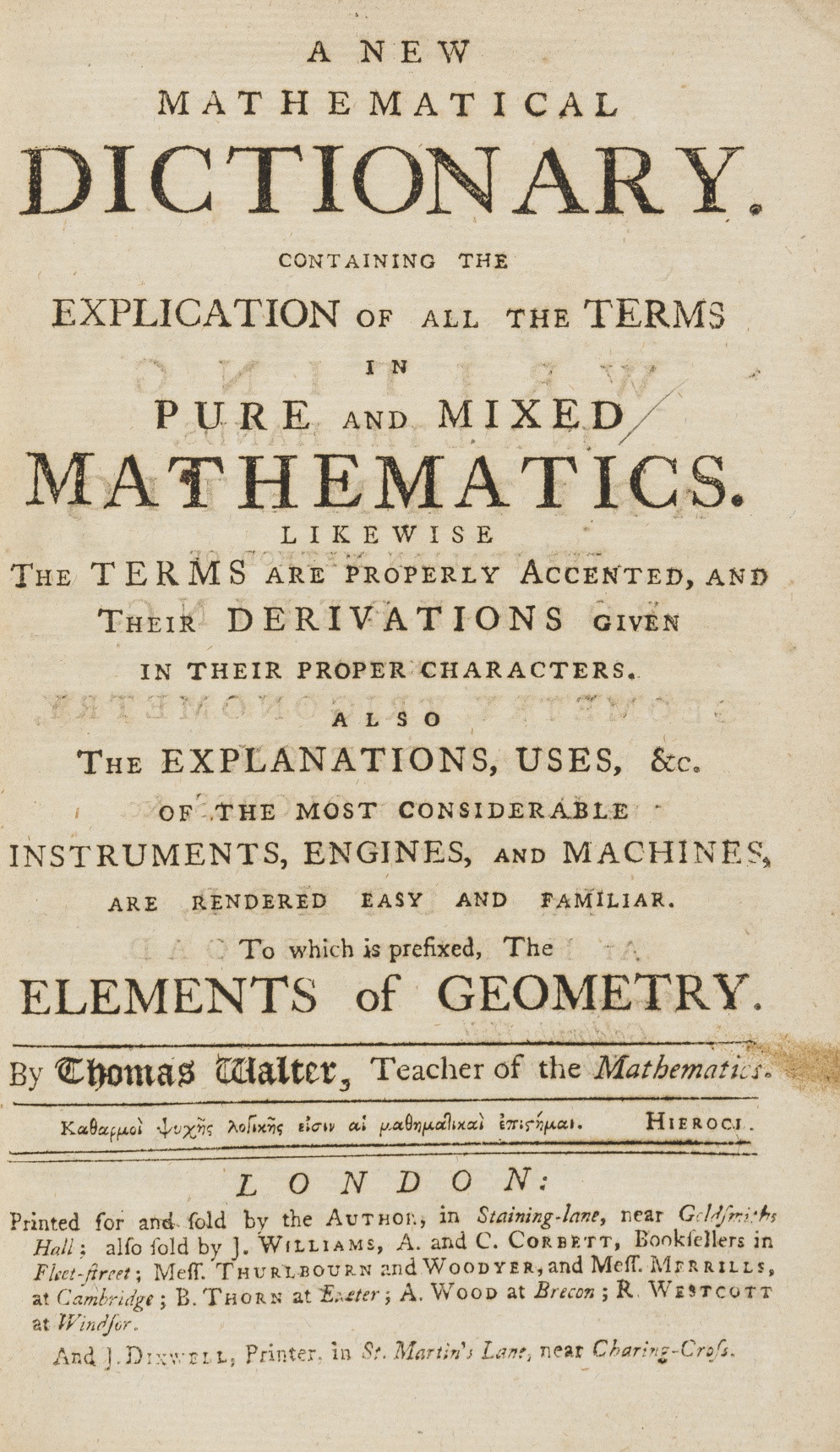 Mathematics.- Walter (Thomas) A New Mathematical Dictionary, first ...