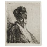 Rembrandt van Rijn (1606-1669) Bust of a man wearing a high cap (the artist's father?), etching, …