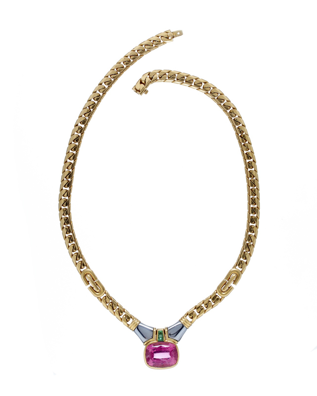 A pink tourmaline, emerald and hematite pendant necklace mounted by Bulgari