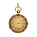 An 18 carat gold and ruby keyless wind open face pocket watch