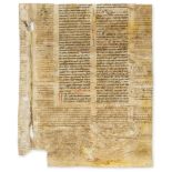 Justinianus I. Two fragments of leaves from a Justinian Codex, decorated manuscript on parchment, …