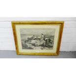 A framed print of children playing on a canon in a burr wood frame, 60 x 50cm