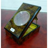 A 19th century burr wood table magnifying box with lift up lid and fold away viewer, 29 x 18cm