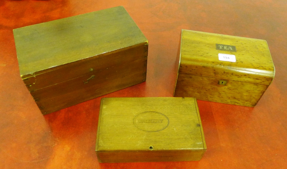 A burr wood domed topped tea caddy, together with a Dalmeny Cigar box and a 19th century mahogany