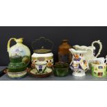 A mixed lot to include Torquay potteries, a Gaudy Welsh jug, a biscuit barrel, continental porcelain