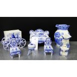 A collection of blue and white wares to include Delft porcelain miniature furniture items and a