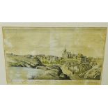 A framed coloured engraving of 'The Prospect of the Town and Abby of Dumfermling' in a glazed frame,