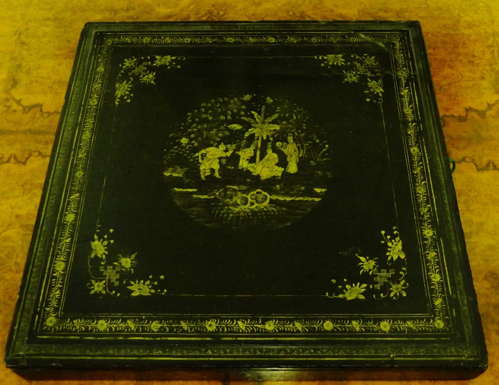 A chinosserie black lacquered scarf box and cover,