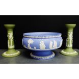 A Wedgwood Jasperware pale blue pedestal bowl, together with a pair of sage green Jasperware