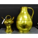 Brass wares to include a spirit pourer by Llaurensou, Prades and a large jug, tallest 35cm, (2)